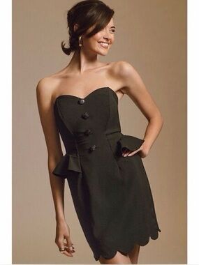 Anthropologie Eva Franco Strapless Black Peplum Dress Scallop Hem Cocktail 10